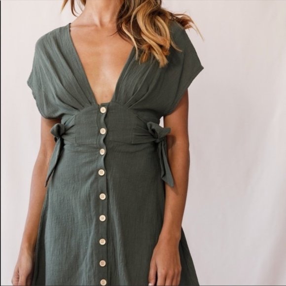 Saints + Secrets Dara Button Down Mini Dress Green Khaki V-Neck Tie Size Small - Picture 2 of 9
